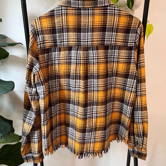 Risen Los Angeles Yellow Brown Plaid Frayed Hem Flannel Shirt Size L 100% Cotton - Picture 4 of 7